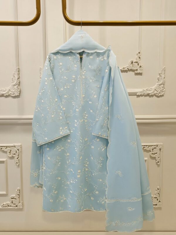 ✨ Aghanoor-Inspired Classic Style ✨_Step into effortless grace with this premium cotton 3-piece sky blue outfit _ beautifully paired with a digital-printed _ embroidered georgette dupatta for ( Aghanoor A34